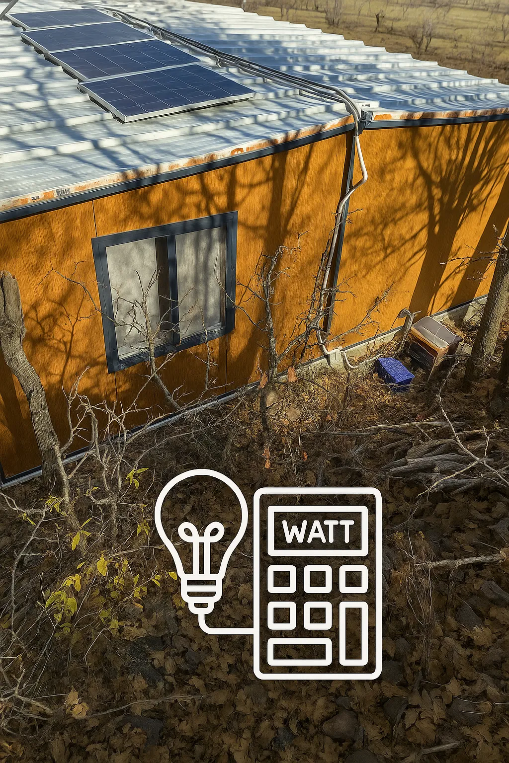 Off-grid cabin energy setup showing solar panels, inverter system and daily power consumption essentials.